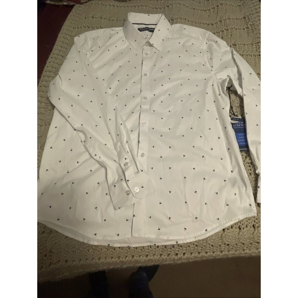 NWT Desert Dunes Men’s Sz L Long Sleeve‎ Button Up Shirt White W Blue Palm Trees